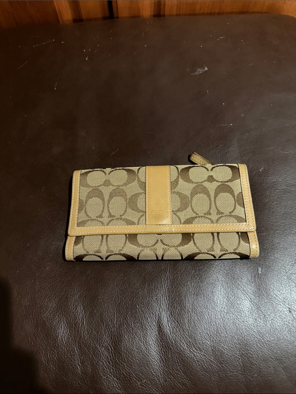 Coach Khaki Signature Canvas Continental Wallet with Tan Trim
